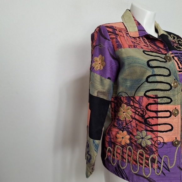 Alex Kim Multicolor Embroidered Floral Patchwork Bohemian Art to Wear Jacket- M - Picture 5 of 13